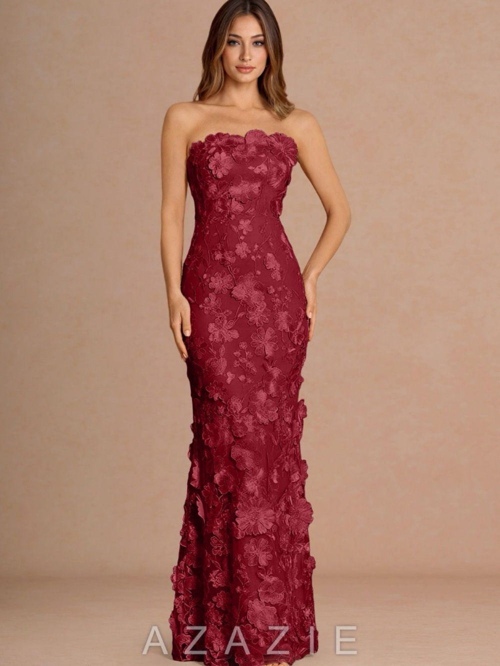 Azazie Burgundy Strapless Floral Appliqué Mermaid Dress
